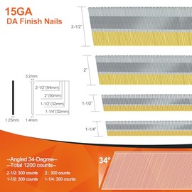 15 Gauge DA Angled Finish Nails, 34-Degree, 1200-Pack (2-1/2", 2", 1-1/2", 1-1/4" 300 Per Sizes), Galvanized Assorted Size Project Pack, for Pneumatic, Electric Angled Finish Nailer Gun