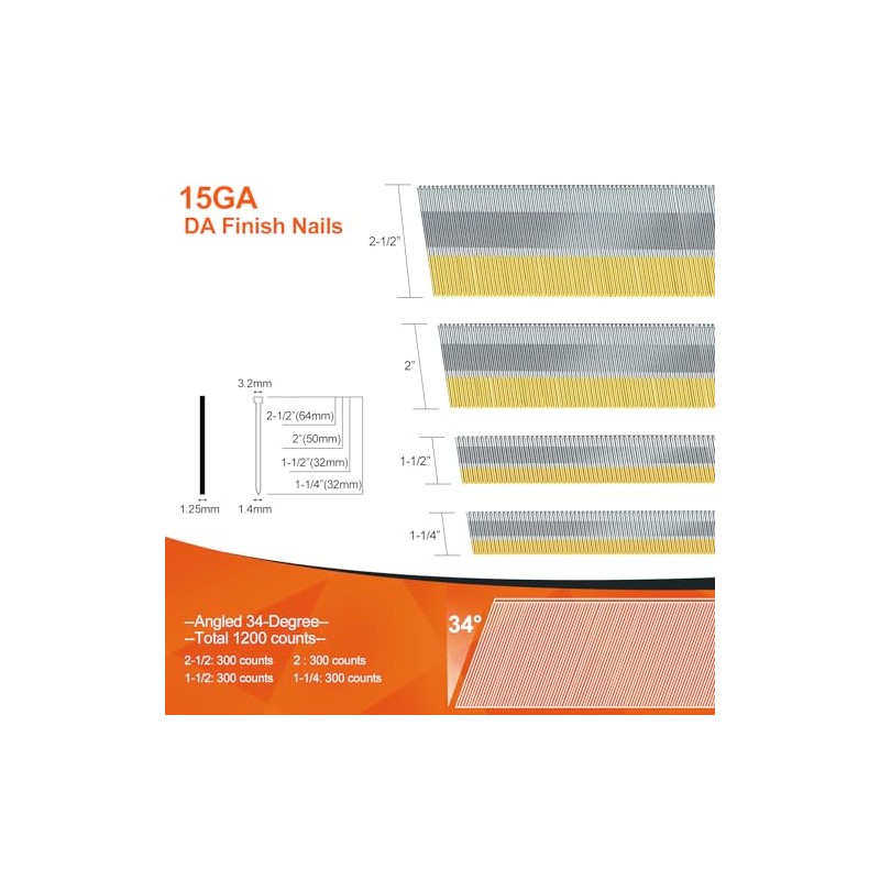 15 Gauge DA Angled Finish Nails, 34-Degree, 1200-Pack (2-1/2", 2",