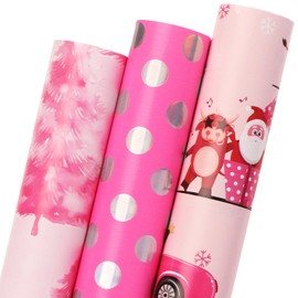 Ribbli Christmas Wrapping Paper 3 Rolls Pink Gift Wrapping Paper Rolls, Mini Roll-17 Inch x 10 Feet Per roll
