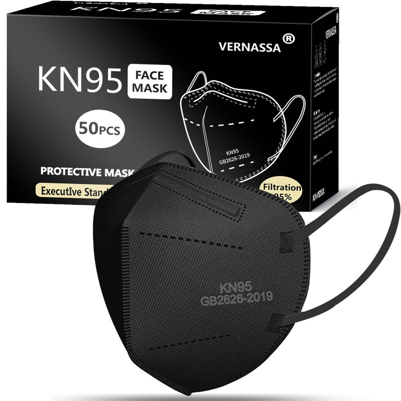 VERNASSA Black KN95 Face Masks 50 Pack, 5-Layer Disposable Masks