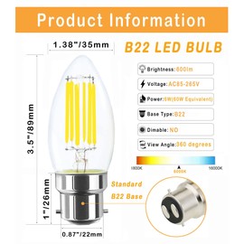 Lamsky 6W B22 Bayonet LED Filament Candle Light Bulb,6000K Daylight White 600LM,C35 Shape Bullet Top,60W Incandescent Equivalent,Non-dimmable(4-Pack)
