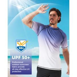 Arcweg Rash Guard Men Short Sleeves Shirt UPF 50+ Elastic Rash Vest Loose Fit Swimming Top Quick Drying Running Vest Sports Top Blue White Gradient L（UK