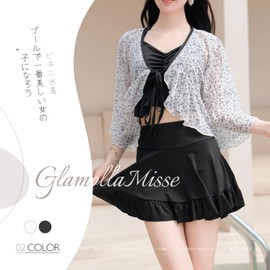 [GlamollaMisse] レディース 水着 3点セット セクシー 体型カバー バスト 軽量 肩出し おしゃれ かわいい 無地 オー ルインワン パット付き 二の腕 カバー フレア 海 旅行 プール ビーチ 着痩せ UVカット 水陸両用