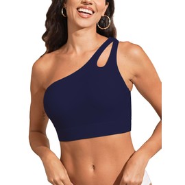 Aderea Womens Swim Tops Push Up Bikini Tops Navy Blue Bathing Suit Top Full Coverage Swim Bra One Shoulder Swimsuit Swimwear Top