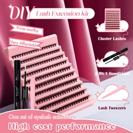 Cluster Lashes Kit Lash Clusters 3D Effect 0.07 30D 8-16mm Mixed Cluster Individual Lashes with Lash Bond and Seal Lash Applicator DIY Lash Extensions at Home