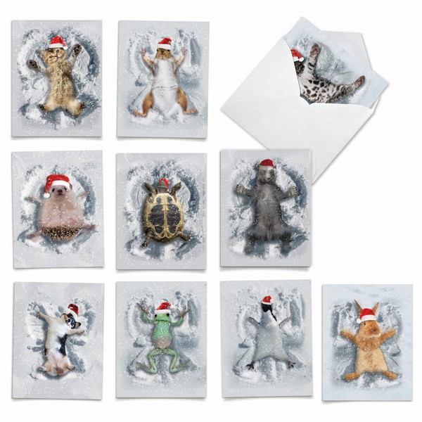 The Best Card Company - 10 Christmas Thank You Cards (4 x 5.12 Inch) - Cute Holiday Animals, Assorted Gratitude Greetings for Kids - Critter Snow Angels M4187XTG-B1x10