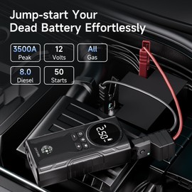 Portable Jump Starter Car Battery Booster with Air Compressor 12V Auto Power Charger 3500 Peak Amps Heavy Duty Tire Inflator Includes Cables and Pack Box for Emergency Vehicle Start Tire Boost
