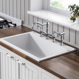 WOWOW 4 Hole Kitchen Faucet with Sprayer, 8 Inch Centerset Brass Bridge Kitchen Faucet 2 Handle with Side Sprayer, Vintage Farmhouse Kitchen Sink Faucet Chrome