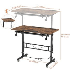 SIDUCAL Mobile Standing Desk with Charging Station, Portable Small Stand Up Desk for Walking Pad & Treadmill, Tilted Desktop Adjustable Height, Rolling Laptop Cart, 31.5” Rustic Brown