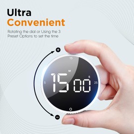 Upgrade Digital Kitchen Timer - Magnetic Countdown Countup Visual Pomodoro Timer with Large LED Display, 3-Preset Times (5, 15, 25), 3 Volume Levels, Ideal for Cooking, Baking and Fitness (1, White)