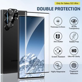 3+2 Pack Galaxy S22 Ultra Screen Protector and Camera Lens Protector, Ultrasonic Fingerprint 3D Curved 9H Tempered Glass Screen Protector,HD Clear Scratch Resistant For Galaxy S22 Ultra (6.8Inch)