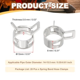 PATIKIL Spring Band Hose Clamps, 20 Pcs for 14-15.5mm OD 0.5"(13mm) ID Manganese Steel Spring Clip Pipe for Fuel Line Silicone Vacuum Air Hose Tube Water Pipe, Silver