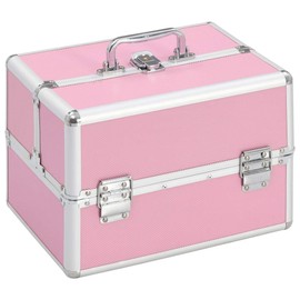 LJLB Stylish Pink Makeup Organizer: Portable Cosmetic Storage Case for Beauty Essentials, Lockable Aluminum Design with Extendable Trays, 8.7"x11.8"x8.3"