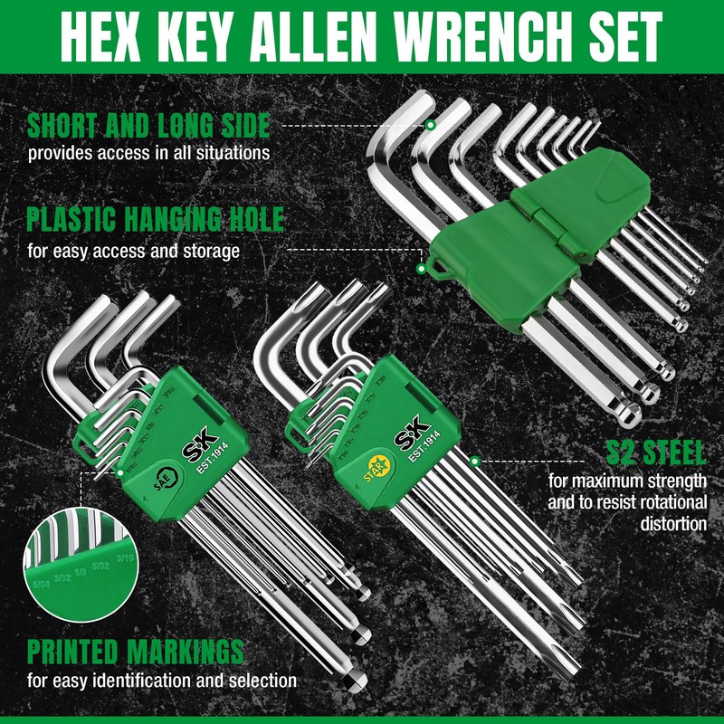 SK 27-Piece Allen Wrench Set, Metric/SAE/Star Hex Key Set, L-Shaped,