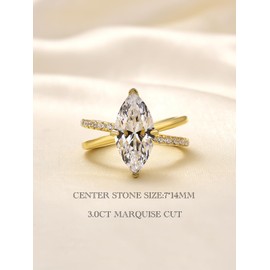 PAFIDDY 3.0CT 5A Grade Marquise Cut Zirconia Engagement Ring for Women, 18K Yellow Gold Plated Sterling Silver X Promise Ring, Metal, Cubic Zirconia