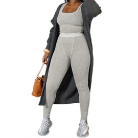 AYWA Casual Workout Sets Two Piece Outfits for Women Ribbed Crop Tank Top High Waist Leggings Active Wear, Light Heather Grey, S