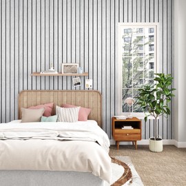 STICKEEP White/Grey 3D Wood Slat Panels for Walls Peel and Stick PVC Slat Wall Paneling Soundproof Self Adhesive Faux Wooden Slatted Panel for Wall Decor Interior Living Room Bedroom 120"x 12"