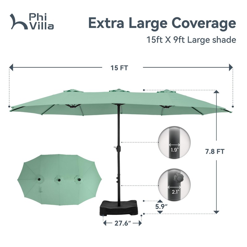 PHI VILLA 15ft Large Patio Umbrellas with Base, Outdoor Double-Sided