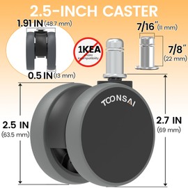 2.5 inch Chair Wheels Replacement (Stem 7/16-7/8) Set of 5 - Heavy Duty 660LB Office Casters with Sealed Bearings, Ultra Quiet Double Rubber Wheels for Hardwood Floors and Carpets, Not for 1KEA Chairs