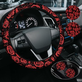 Red Rose Flower Steering Wheel Cover for Women Men, Anti-Slip High Elastic Neoprene Car Accessories Steering Wheel Covers, Universal 15 Inch for Cars, SUVS, Includes 2 Ceramic Cup Coasters