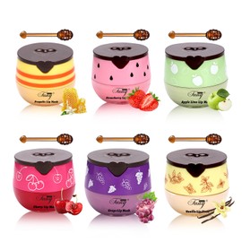 6 PCS Bee Lip Balm Honey Pot, Honey Strawberry Watermelon Apple Vanilla Peach Bee Lip Balm Sleeping Lip Mask Overnight with Sticks, Honey Pot Lip Balm Exfoliating Prevention Dry and Crack Lip Scrubs