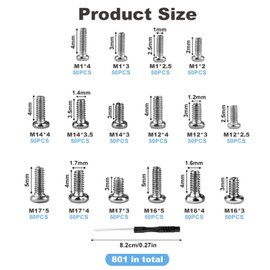 Tiny Screws for Electronics, 800 pcs Mini Micro Small Phillips Pan Head Machine Screws Assortment Kit for Electronic Repair, Nickel-Plated Carbon Steel, M1/M1.2/M1.4/M1.6/M1.7