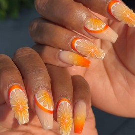 IMRAIN Long Coffin Press-on Orange Ombre Fake Nails with 3D Designs Glossy Glue-on Cute Full Cover Ballerina Acrylic Nails - 24 Pcs