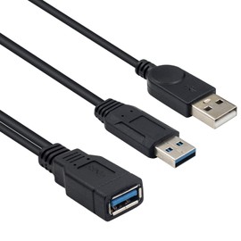 Duttek USB 3.0 二 股延長ケーブル、USB 3.0タイプAメスto デュアル USBオス充電Y延長ケーブル(片側のみ)充電用 30cm 適格請求書行可