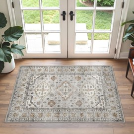 GENIMO Door Mat Small Vintage Rug Washable Rug Foldable Floral Print Thin Rugs Non Slip Carpet for Entryway Bathroom Bedroom,60x90CM,Beige