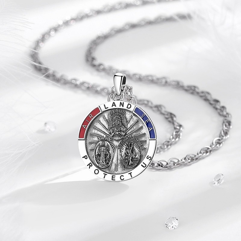 CELESTIA 3-Way WWII Land-Air-Sea Military Protection Medal Necklace for Men