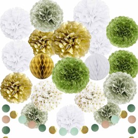 Paper Flower Sage Green Party Decorations Olive Green Gold Tissue Paper Pom Poms, Dots Paper Garland for Boho Neutral Safari Birthday Party, Green Party Accessories, Green Boho Wedding, Baby Shower