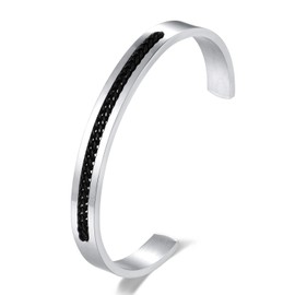 BIYONGDE Men's Stainless Steel Cuff Bracelet with Black Chain Inlay, Silver Sleek Open Bangle, Urban and Minimalist Style