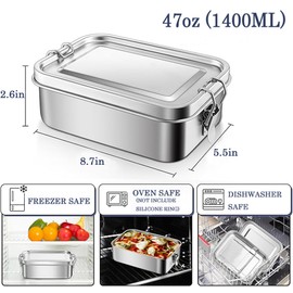 HEZHI 18/8 Stainless Steel Bento Box with Removable Dividers, 47oz (1400ML) Metal Lunch Food Container with Lids and Locking Clips, Food Storage Containers for Office Meals, School, Leak-Proof
