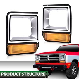 GRAND ORANGE Pair Headlight Assembly Bezel w/Corner Parking Light Compatible with Dodge D100 W100 Custom D150 1986-1989/Fit D250 D350 Base 1986-1990/Fit Ramcharger Base Royal SE 1986-1990 CH2513122