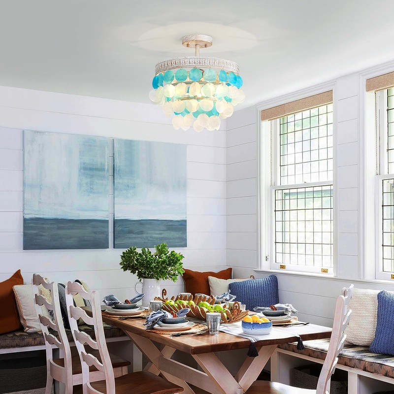 ElegLumi White Blue Capiz Shell Ceiling Light, Capiz Shell Chandeliers