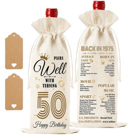 50th Birthday Burlap Wine Gift Bag, Birthday Wine Bag with Drawstring, 50 Old Anniversary Present Bottle Cover, Backing 1975 Vintage Party Gift for Men Women Family Friends