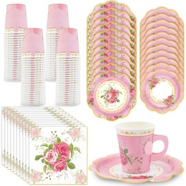 EggSun 200Pcs Floral Tea Cups and Saucers for Tea Party Supplies, Disposable Tea Cups with Handle and Paper Napkins Dinnerware for Floral Theme Birthday Wedding Bridal Shower Baby Shower（Pink）