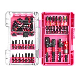 Geinxurn 55Pieces Impact Screwdriver Bits Set, Magnetic S2 Steel Phillips/Slotted/Square/Torx Insert Power Bits Tips, Impact Bit Holder and Impact Socket Adapter with Pink Storage Box Case