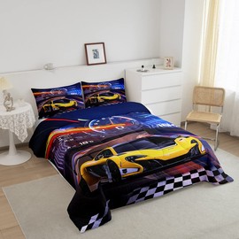 Feelyou Blue Yellow Sports Car Bedding Set Race Car Comforter Set for Kids Boys Extreme Sports Comforter Fast Speed Car Sports Inner Fill Duvet Set 1 Comforter Set with 2 Pillowcases Full Size