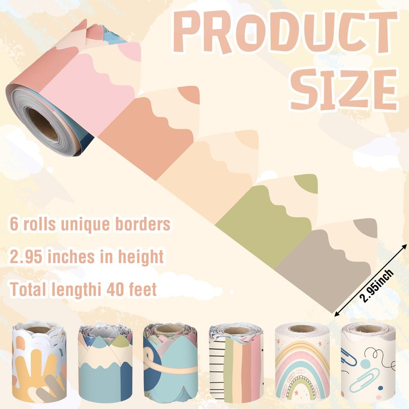 Fuutreo 6 Rolls 236.22 ft Boho Bulletin Board Borders Back