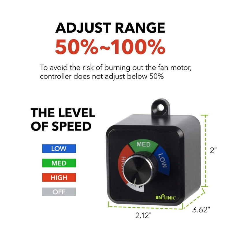 BN-LINK Variable Fan Speed Controller, Plug-in Electric 3 Speed Regulator