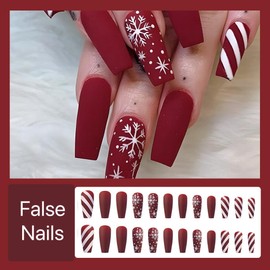 Christmas Press on Nails Long Coffin Fake Nails Red False Nails with Snowflake Stripe Design Glue on Nails Glossy Full Cover Stick on Nails Xmas Acrylic Nails for Women Winter Manicure 24Pcs
