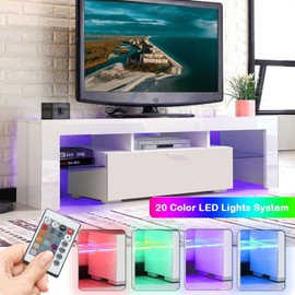 TV Stand for 55+ 60 inch Tvs - White Morden TV Stand with LED Lights, High Glossy Entertainment Center with Storage Cabinet, LED Media Console Table Cabinet Desk for Living Room