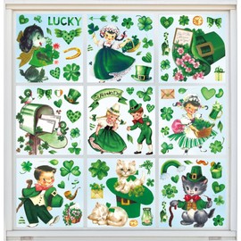 FYSUIMU 9 Sheets Vintage St. Patrick's Day Window Cling Stickers Watercolor Retro Shamrock Green Clover Reusable Window Decals for Irish Party Home Classroom Decoration