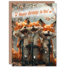 Artery8 Birthday Card Three Cute Foxes Singing Fun Woodland Animal Karaoke For Him Her Man Woman Girl Boy Wife Husband Greeting Card