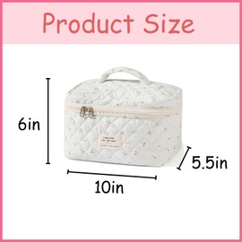 uekeboag Large Travel Quilted Makeup Bag for Women, Floral Cotton Cosmetic Bag, Coquette Aesthetic Floral Toiletry Organizer Bag, White-Cherry, Floral Cotton