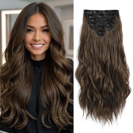 Fliace Clip in Hair Extensions, 6 PCS Natural & Soft Hair & Blends Well Hair Extensions, Medium Brown Synthetic Long Wavy Hairpieces(24inch, 6pcs, Medium Brown)