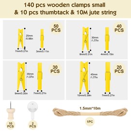 HavaCue 140PCS Mini Wooden Pegs, Small Pegs,2.5/3/3.5/4.5CM Wedding Photo Pegs Mini Pegs for Polaroid Photos With 10M Jute String DIY Small Wooden Pegs for Photo Wall Display Party (color)