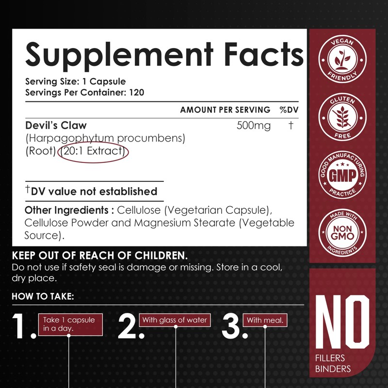 AMALTH Devils Claw Extract 500 mg, 120 Veggie Capsules, Concentrated