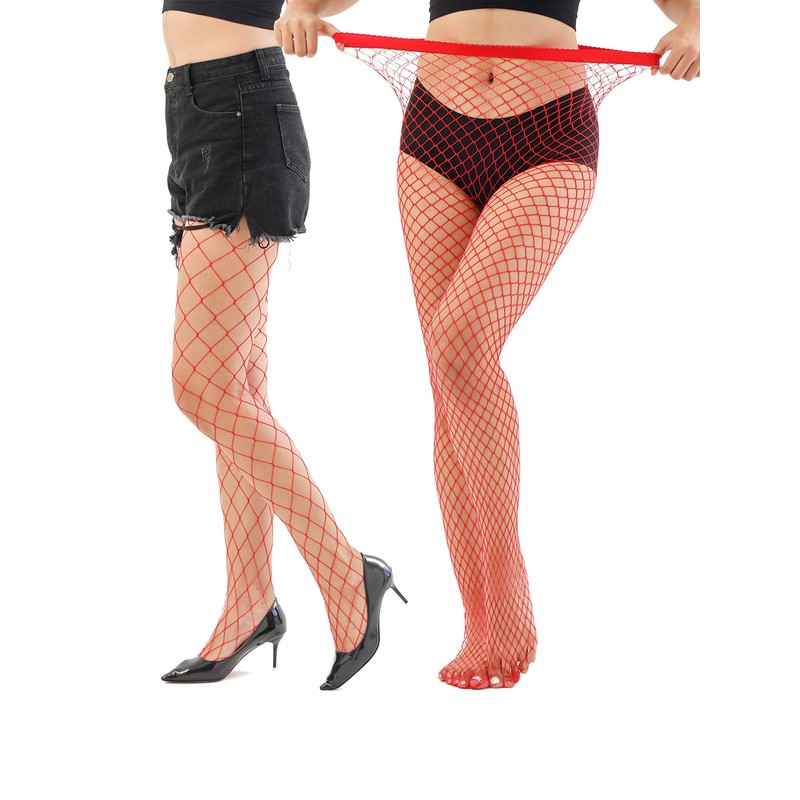 EVERSWE High Waist Fishnet Tights, Thigh High Suspender Stockings (RED-LM,